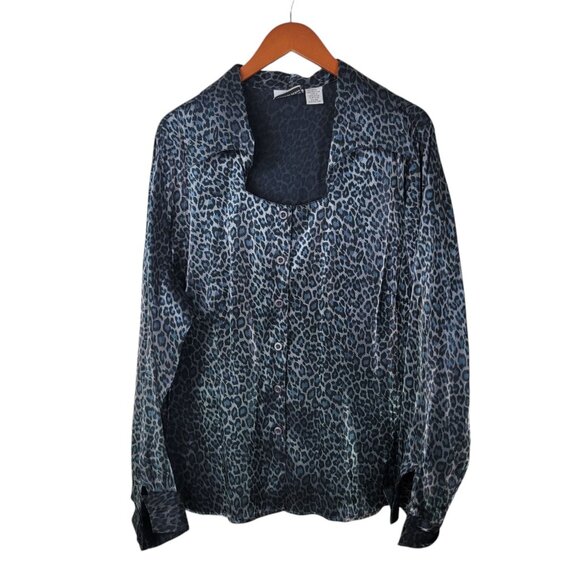 Vintage Y2K Satin Top Plus size 22/24 3X button up Leopard Cheetah Grey Silver - Picture 2 of 7